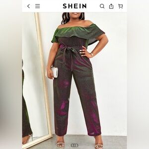 Off The Shoulder Belted Shiny Party Event Holiday Jumpsuit